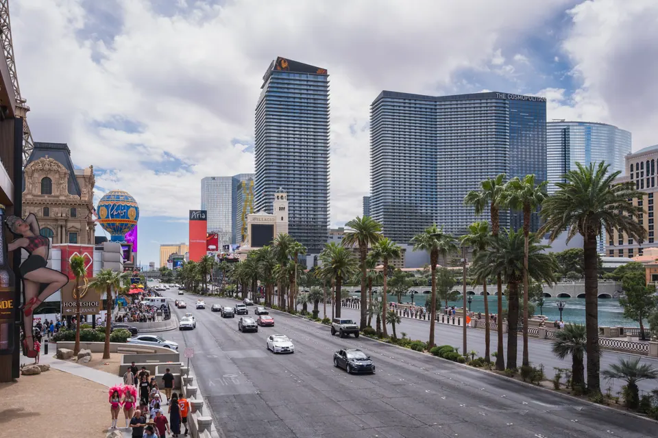 Center Strip context looking south, showing The Cosmopolitan, ARIA and Bellagio; not a hotel-room/property photograph. Area view, not a photograph of the selected hotel or venue.